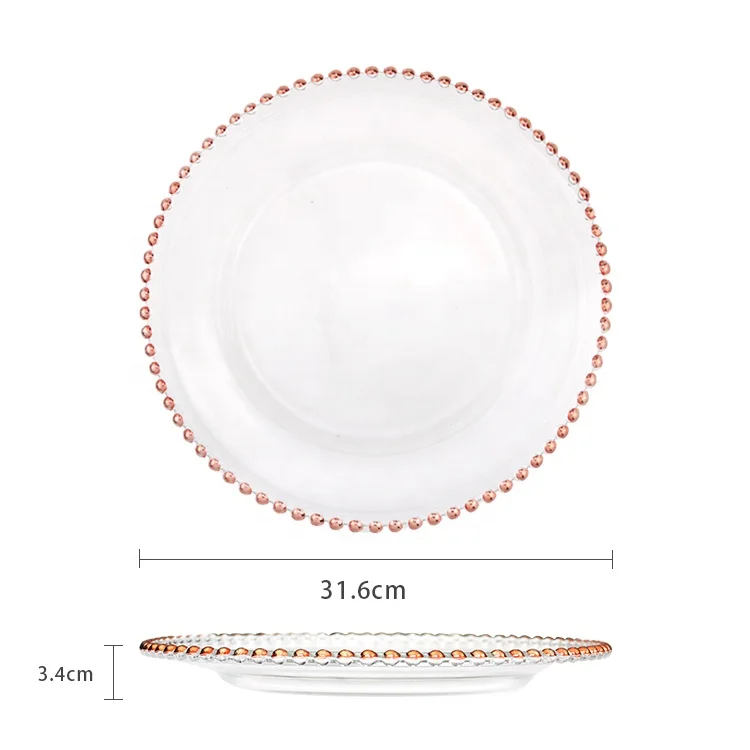 Fashionable crystal under plate rose gold with beaded rim glass charger plates wedding decoration