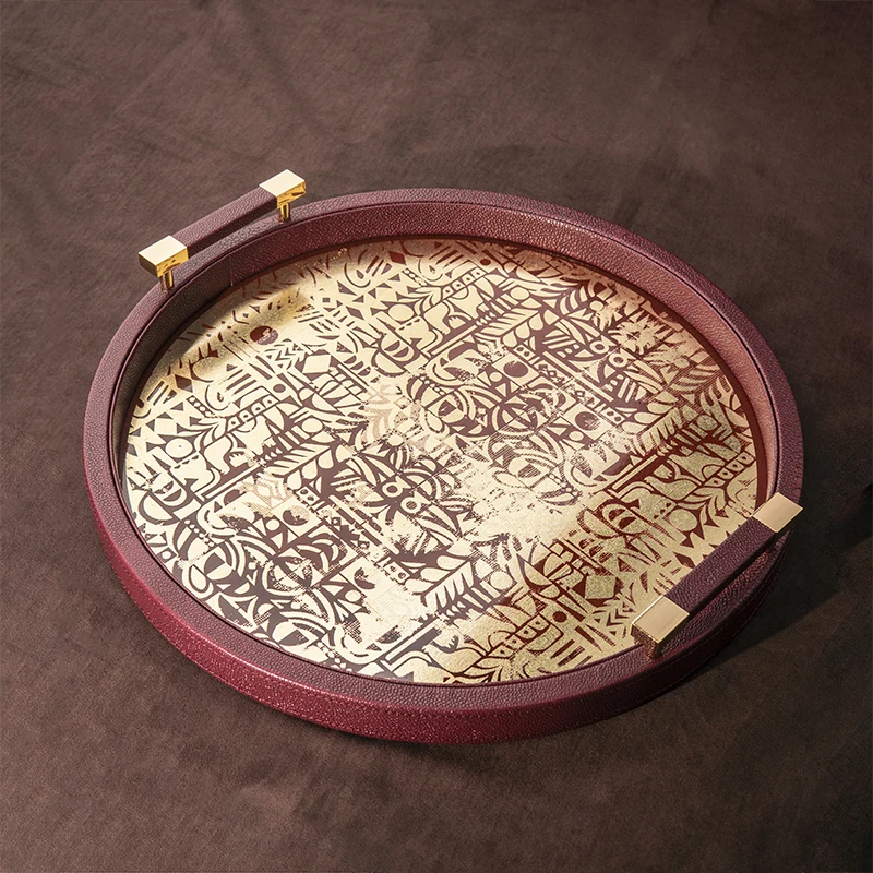 Wholesale Round Luxury Nordic MDF PU Leather Decoration Gold Foil Handle Fotel Tray For Jewelry Display Hotel Service Tray