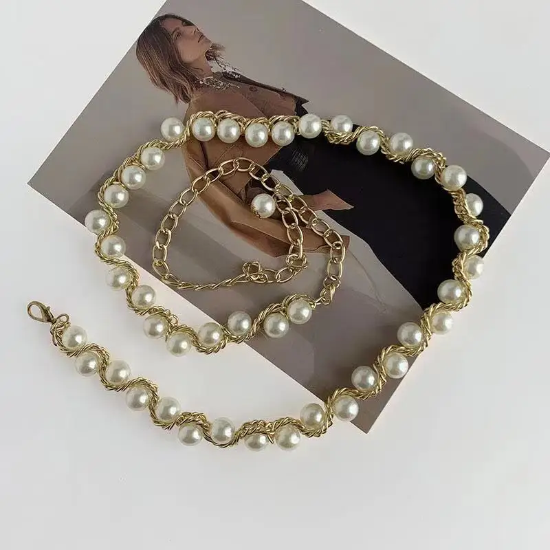 
Sweet Fashion Pearl Waist Belts For Women Dresses Gold Long chain Belt slim Girls Waist Belts Waistband 