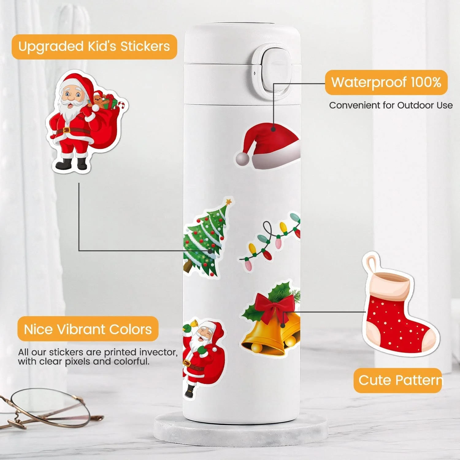 Custom Christmas Decorations 100 PCS Water Bottle Stickers for Kids Teens Cute Vinyl Waterproof Laptop Skateboard Stickers