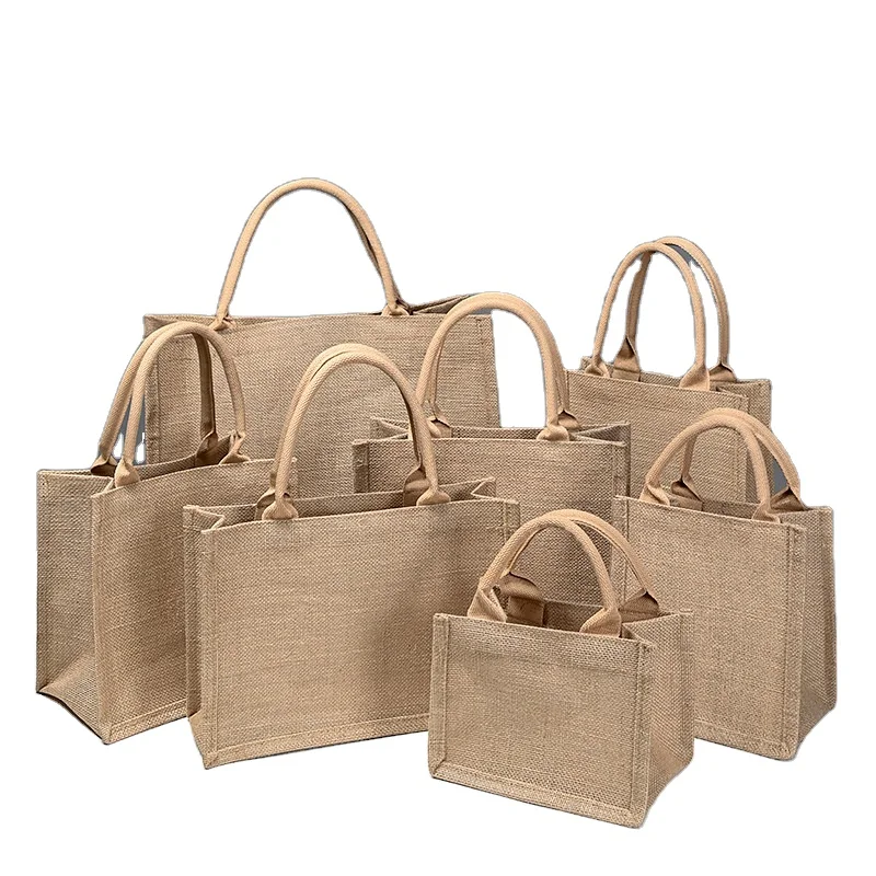 Custom Logo Printed Eco Reusable Hemp Shopping Tote Burlap Jute Bag With Bamboo Handle