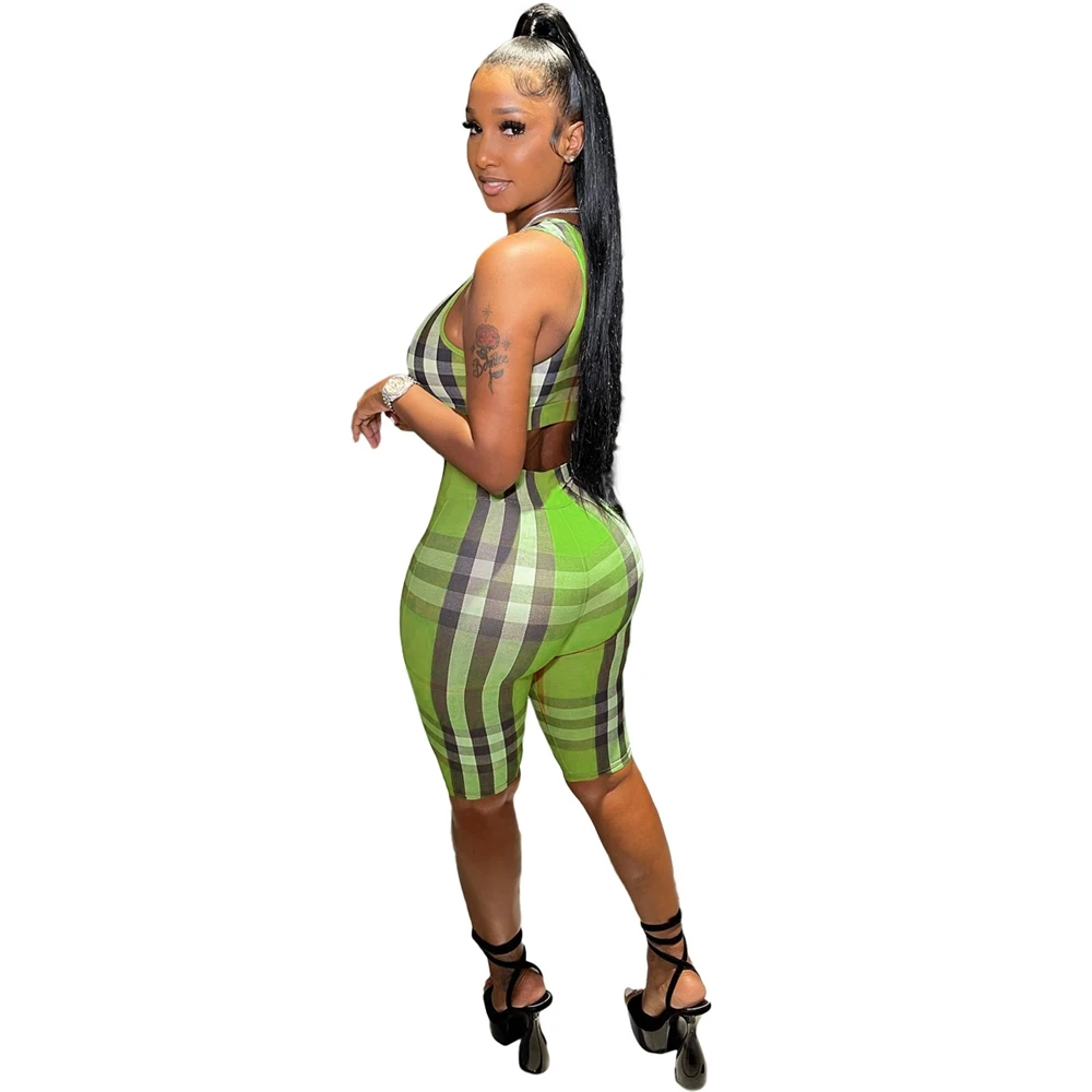 EB-2022052536   Summer plaid two piece outfit sexy women sweatsuit set tracksuit crop top tank top biker shorts sets