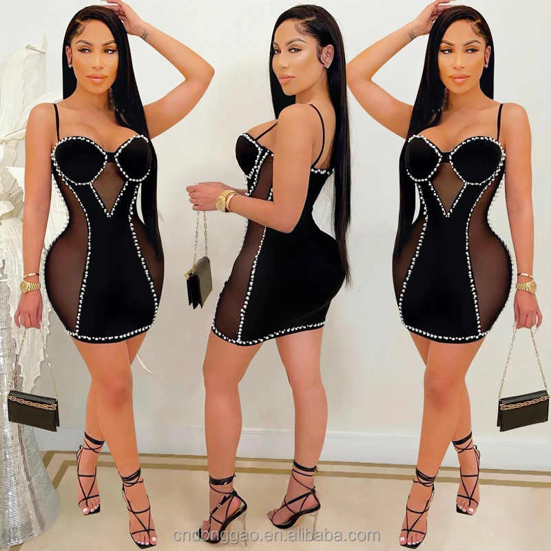 Wholesale Club Wear Skirt Transparent Luxury Dress Custom Summer Spaghetti Strap Mesh Rhinestone Dress