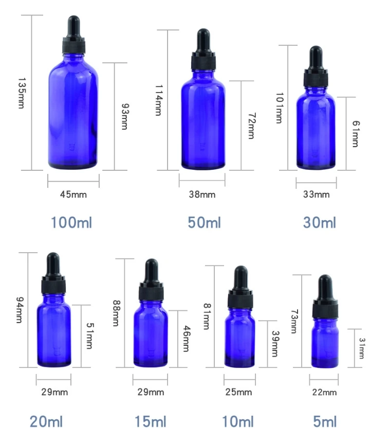 5ml 30ml 100ml Blue Essential Oil Bottle with Dropper Empty Glass Bottles for Cosmetics and Subpacking Sample Essence