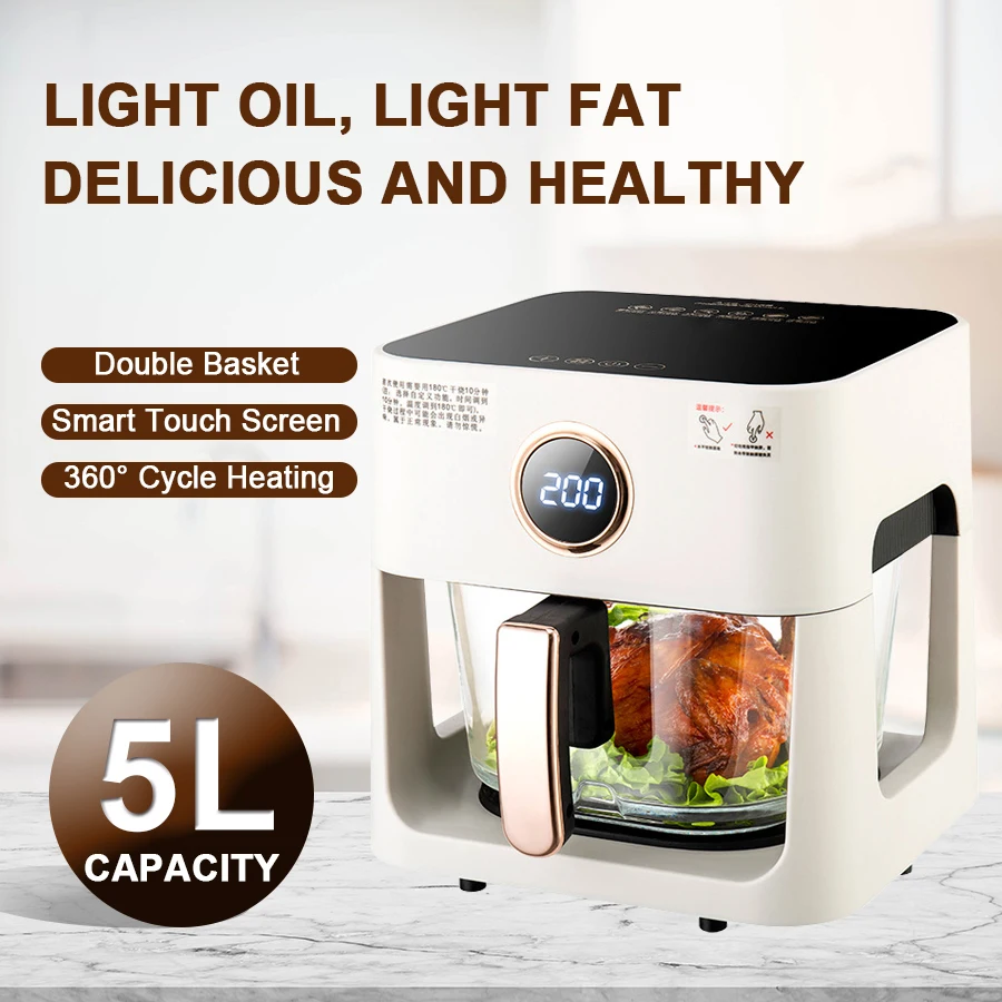 New Design 360 Degree Visible Transparent Glass Basket Pot Air Fryer Voice Touch Control Air Friteuse with Glass Bowl