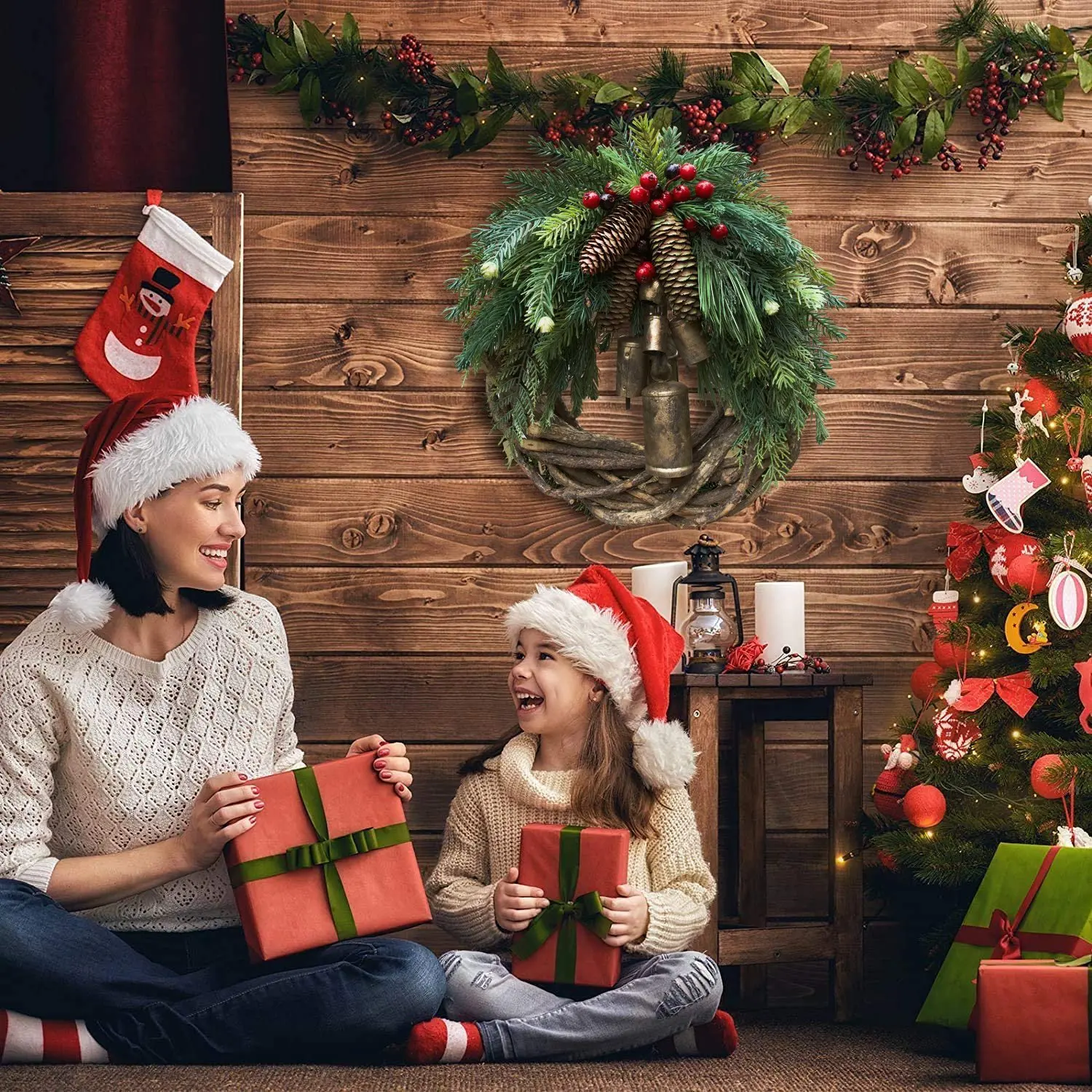 Christmas Wreath Artificial Pinecone Red Berry Garland Hanging Ornaments Front Door Wall Decorations Xmas Tree Wreath