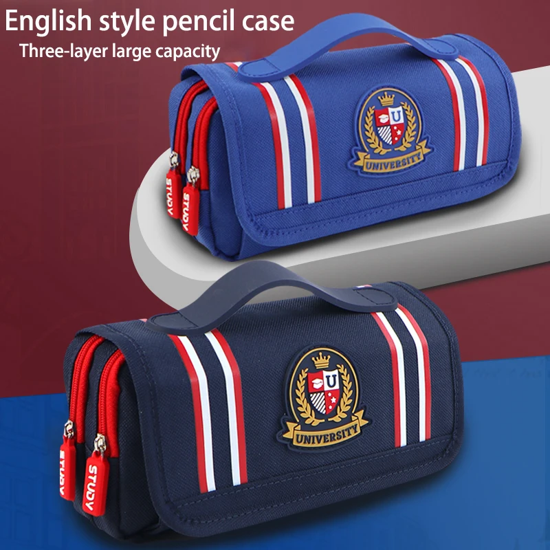 Three Layer Large Capacity Portable Pencil Case British Style Stationery Storage Bag Suitable for Students