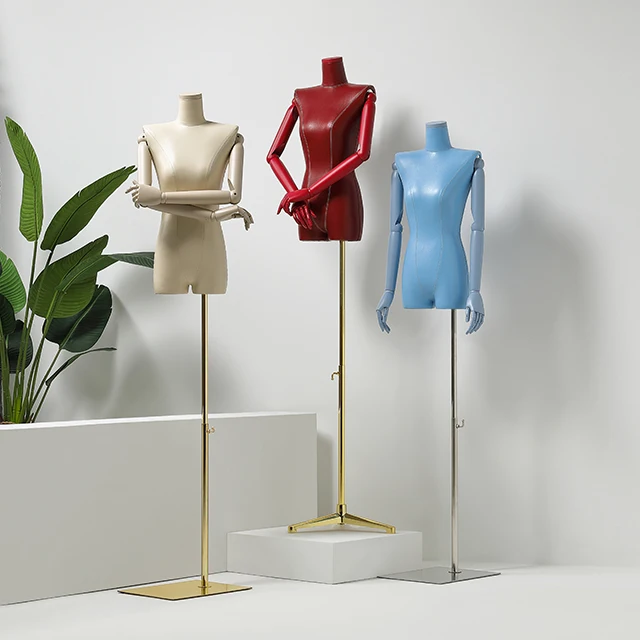 High Quality Headless Female Mannequin Colorful PU Leather Female Mannequin Torso Adjustable Wooden Arm