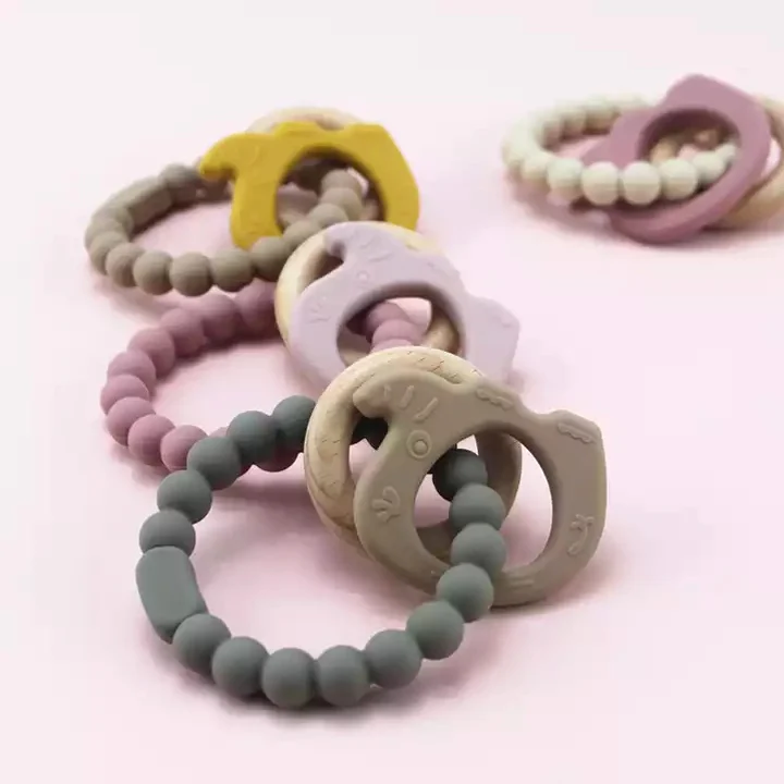 BPA Free Silicone Beads With Wood Ring Durable Three In One Baby Teething Toys