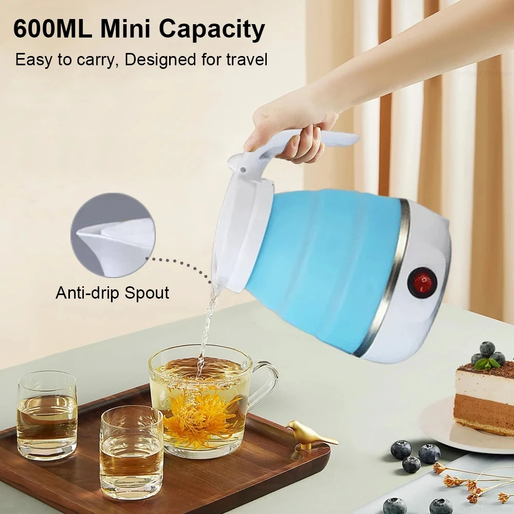 600ML Travel Folding electric water kettle - Collapsible heated hot water boiler For Coffee - Dual Voltage Portable kettle