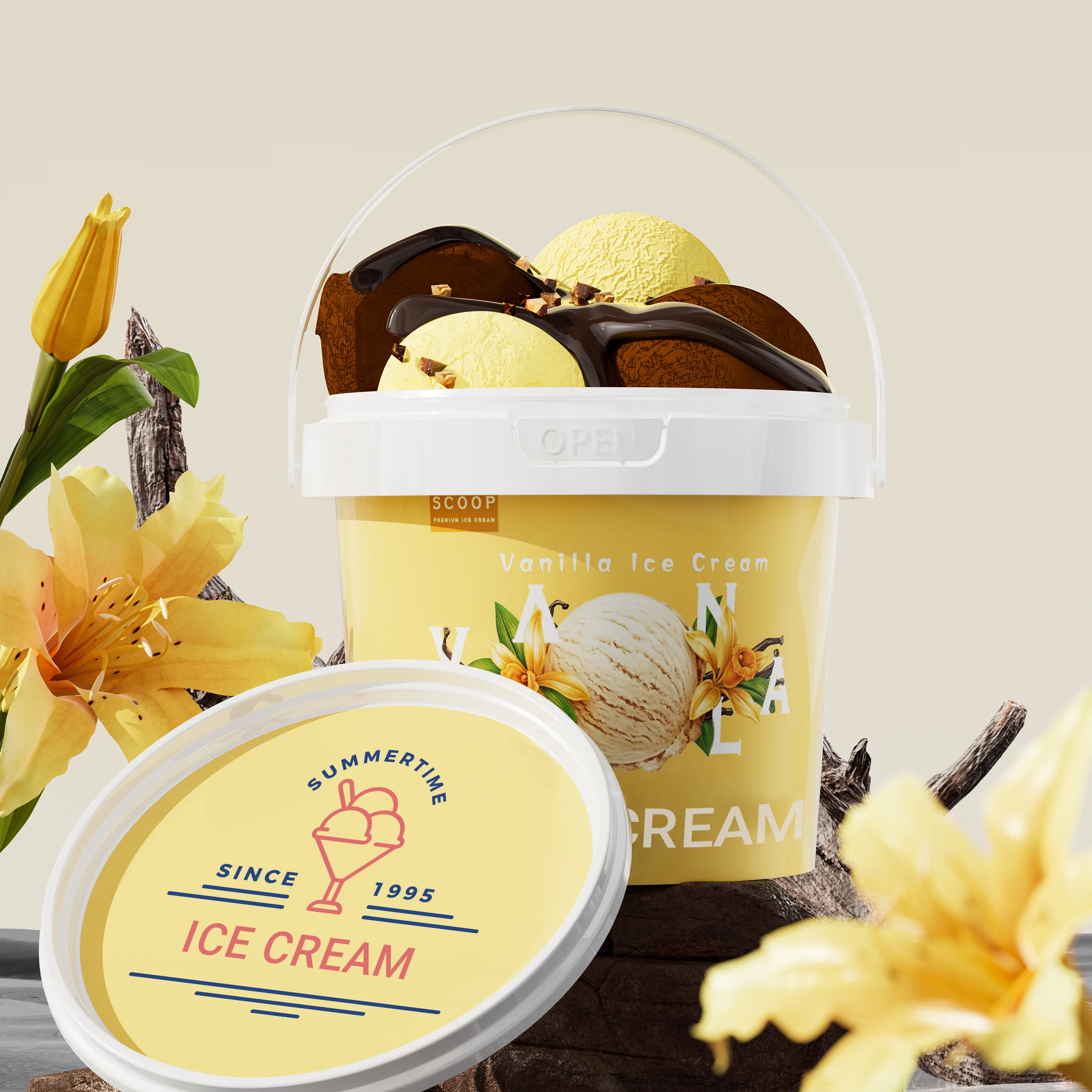 IML Customized Food Grade PP Plastic buckets for packing ice cream Cold Drinks shea butter chocolate spread food sauces beverage