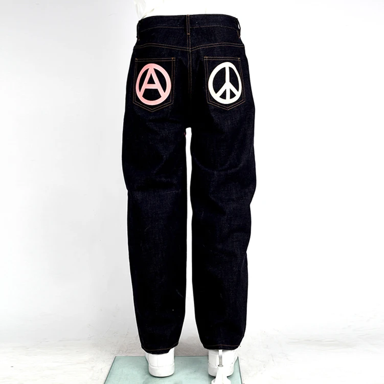 custom selvedge graphic denim jeans baggy straight fit leg black screen printed men jeans