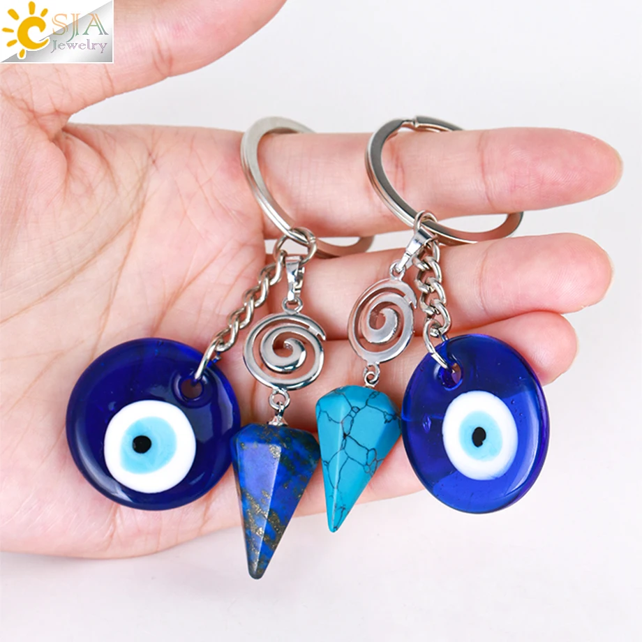 CSJA hot selling natural crystal healing stones evil eye keychains key ring for bag charm car keys G956