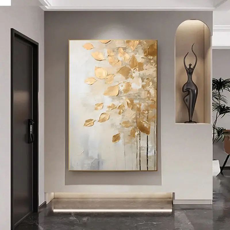 100% Hand-Painted Modern Canvas Large Modern Textured Artwork Gold Foil Leaves Pattern Original acrylic abstract oil painting