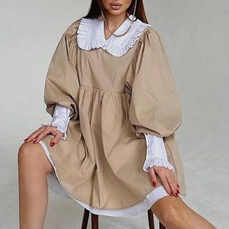 
New Spring Autumn Dresses Women Fashion Lantern Sleeve Dress Women Elegant Peter Pan Collar Mini Dresses 