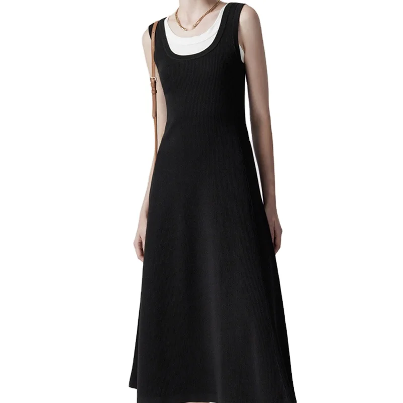 Bright black slim sleeveless tank top type knitted dress for ladies
