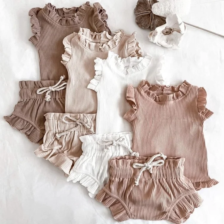 Wholesale 3 PCS Organic Cotton Baby Girl Jumpsuit Rompers Shorts NewBorn Baby Girl Ruffle  Baby Clothing Set With Headband