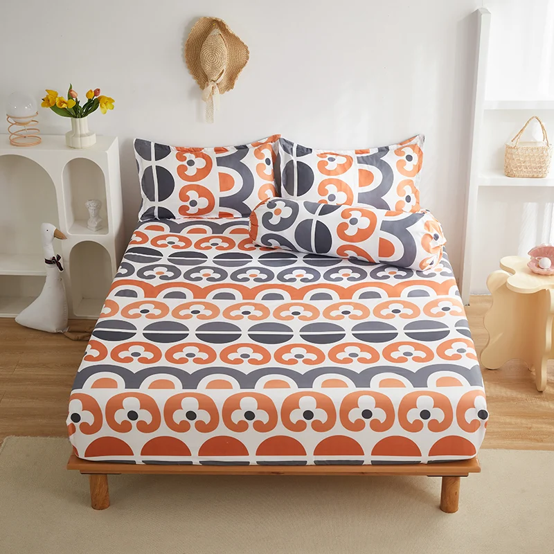 Wholesale Customized Printed Fitted King Size Bedsheet All-Around Elastic Rubber Band Washed Cotton Bed Linens for Hotels