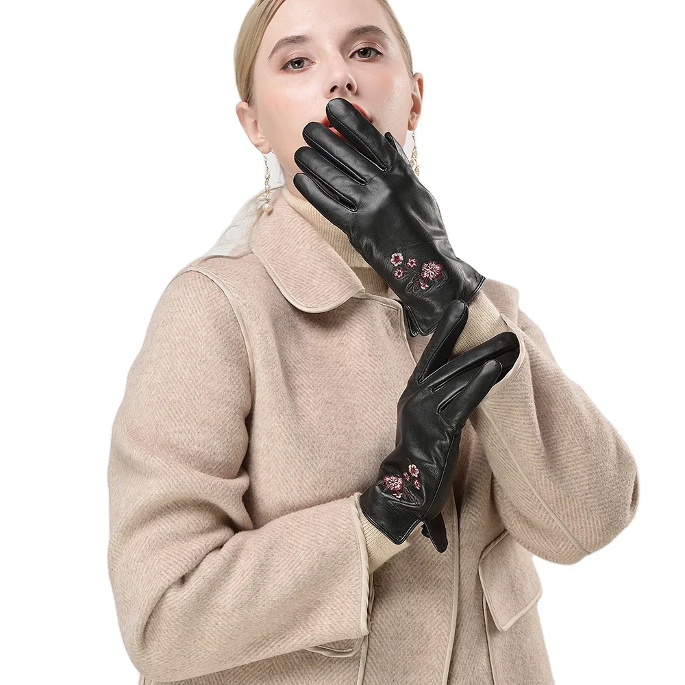 Premium Customized Embroidery Pattern Goat Leather Women Winter Gloves