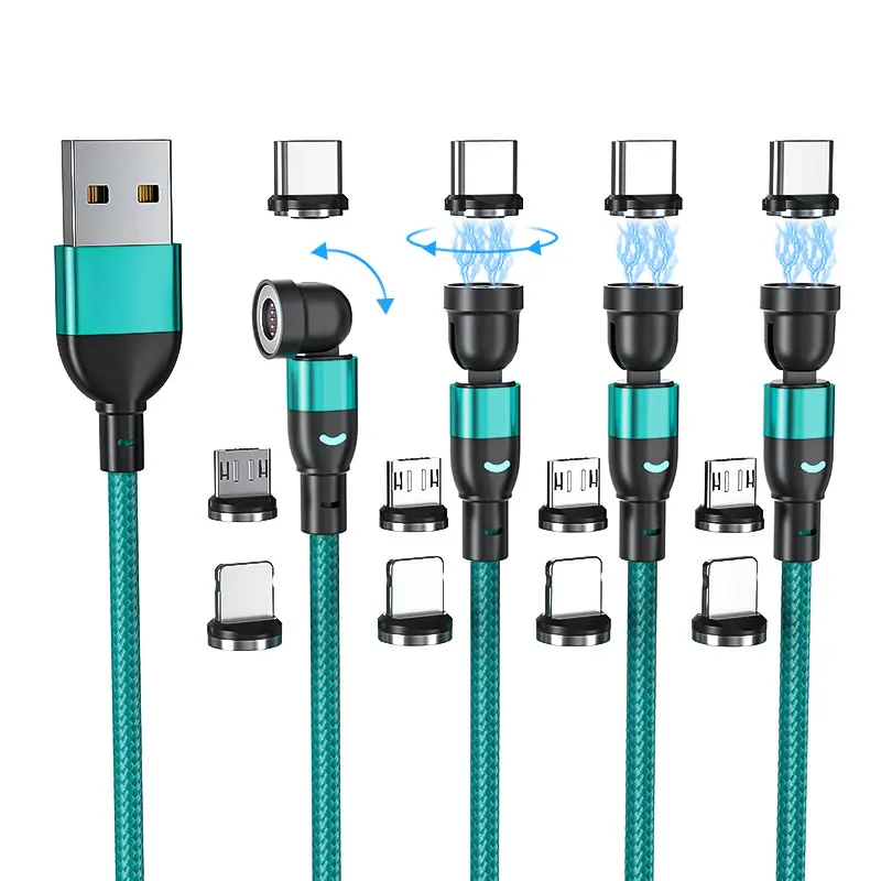 2023 new upgrade 3A fast charging magnetic 3in1 charging cable data transfer cable type c micro heads 540 rotation LED cables