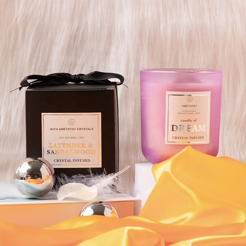 Handmade custom wood wick soy wax luxury aroma scented candles with crystals inside