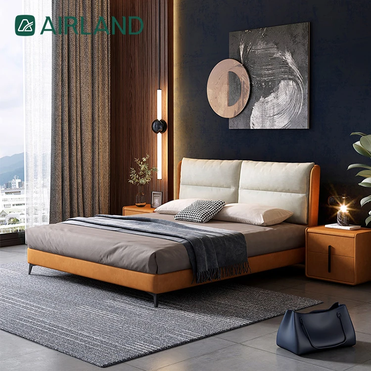 Solid wood row skeleton fabric bed frame technological cloth bed hotel comfortable  double bed