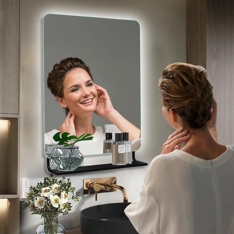 Modern Custom Square Sensor Light Up Vanity Switch Smart Hotel With Shelf Anti Fog Led Bathroom Mirrors