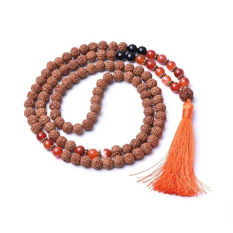 Natural Gemstones Black Onyx And Rudraksha 8mm Bead Mala With Tassel 108 Bead Yoga Necklace
