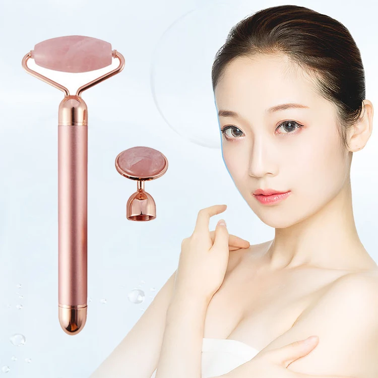 Electric Rose Quartz Roller Vibrating Facial Massager Pink Skin Care Equipment 2 in 1 Beauty Jade Roller