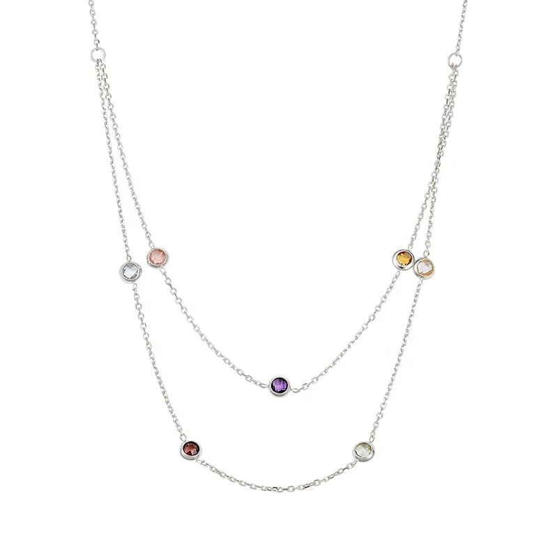 Gemnel women fine jewelry 925 silver gold plated pave rainbow zircons layered cable chain necklace