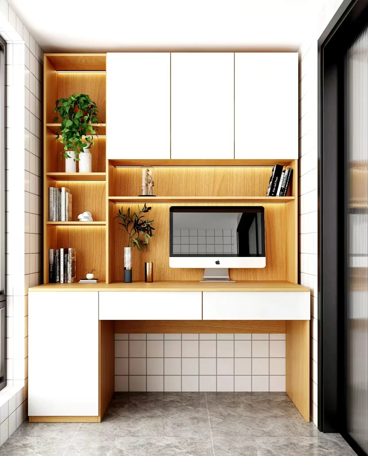 Modern Multi-Functional Wooden Computer Desk with Bookcases for Saving Space in Bedrooms Apartments Restaurants Hotels
