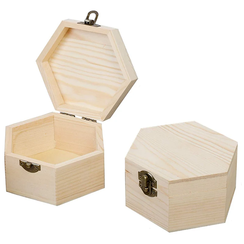 Natural Hexagon Unfinished Wooden Box Wood Storage Box with Hinged Lid and Front Clasp