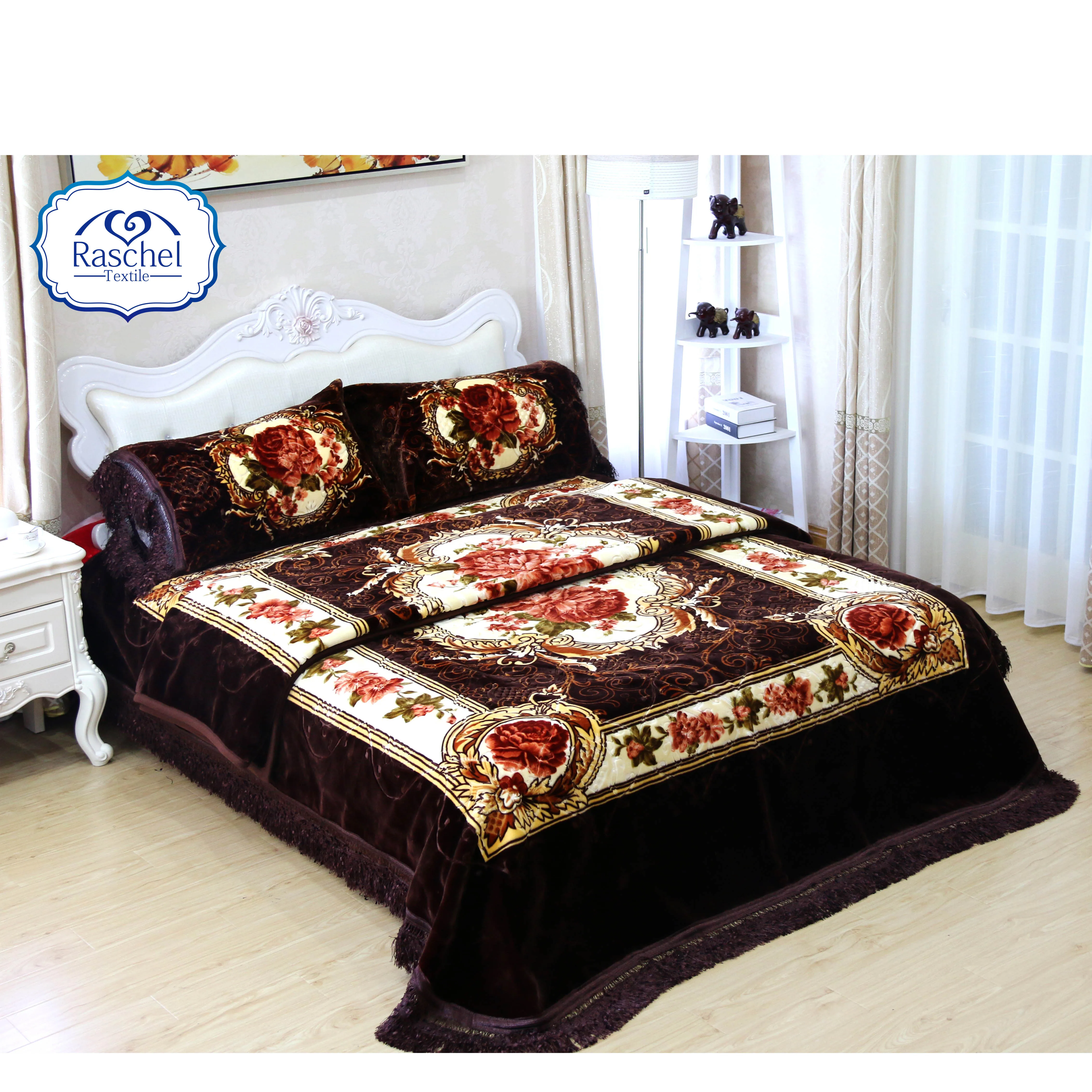 100% polyester classic design 4 pcs korean style raschel blanket set