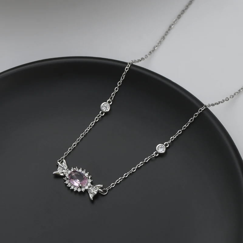 xl63718 Genuine Gold Electroplated Zircon Set Clavicle Chain, Sweet and Fashionable Pink Zircon Candy Necklace for Women