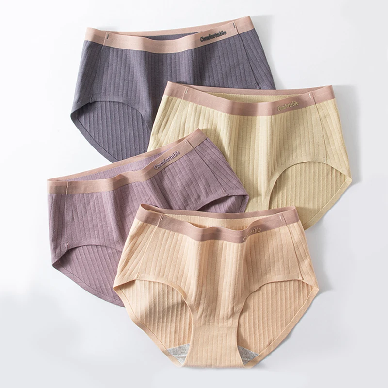 Japanese Korean Style Simple Women Cotton Soft Panties Underwears Seamless Striped Mid Waist Casual Comfot Thongs Briefs