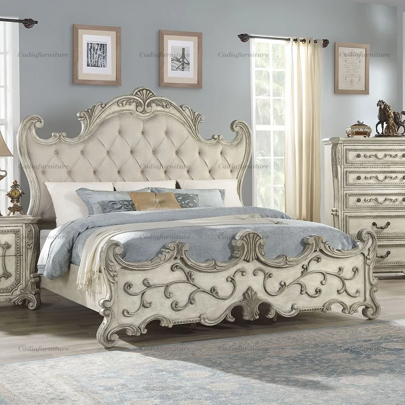Роскошная дизайнерская двуспальная кровать rococo французская роскошная большого размера резная мебель для спальни с Кремовым ночным столом