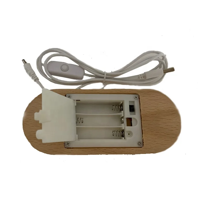 3D Night Light 3AA Battery and USB Power Supply 1 LED Color Beech Wood Oval Wooden Base