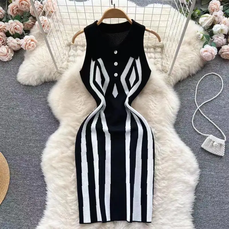 Women Sleeveless Elegance Bodycon Slim Lapel Collar Irregular Striped Knit Casual Playsuits Dress with Button