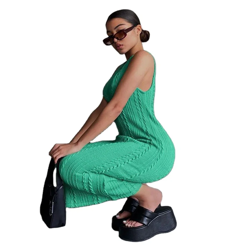 2021 Sleeveless O-Neck Sweater Bodycon Crochet Solid Sexy Dress Summer Women casual dresses
