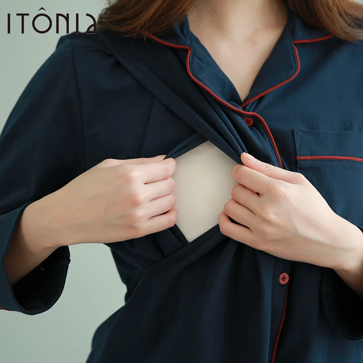 Элегантная пижама с длинным рукавом и пуговицами для грудного вскармливания, пижамный комплект для беременных и больниц