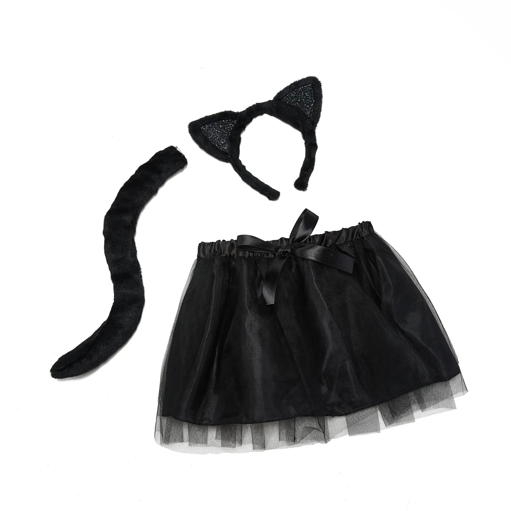 Black cat tutu skirt set Halloween cat cosplay dress with cat ear and tail 3 pack set skirt for girl