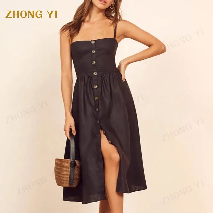 Clothing Manufacturers Wholesales Fashion Front Button Fit Fancy Summer Casual Spaghetti Strapped Midi Dresses For Beach