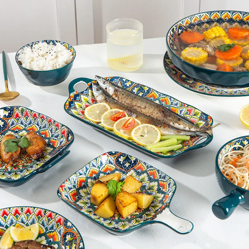 Microwave oven safety machine printing Morocco Bohemia style luxury ceramic dinner plates sets dinnerware for gift