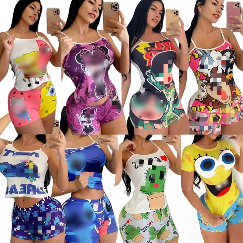 KKVVSS 1518 summer sleepwear series cartoon printed silk pajama femme two piece sets in summer cute and sexy nightwear