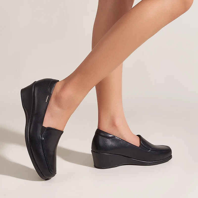 Elastic Band Square Toe Black Wedge Shoes Pumps Women Formal Work Office Bank Hotel Uniform Comfortable Close Shoes