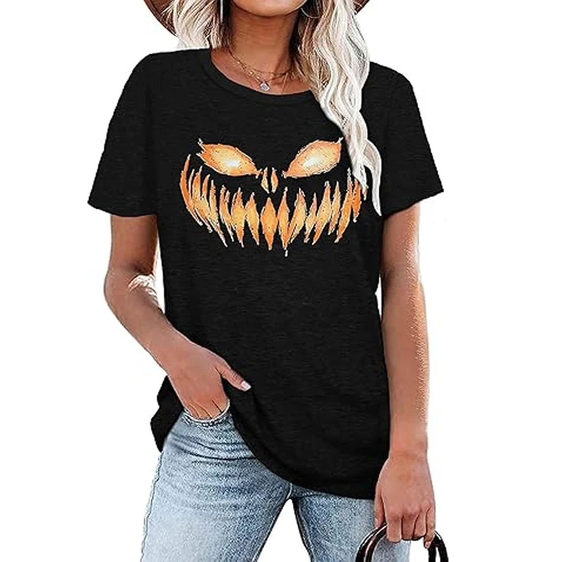 Pumpkin Halloween Shirt for Women Pumpkin Graphic Tee TV & movie Costume Shirt Fall Short Sleeve T-Shirts Party Dresses