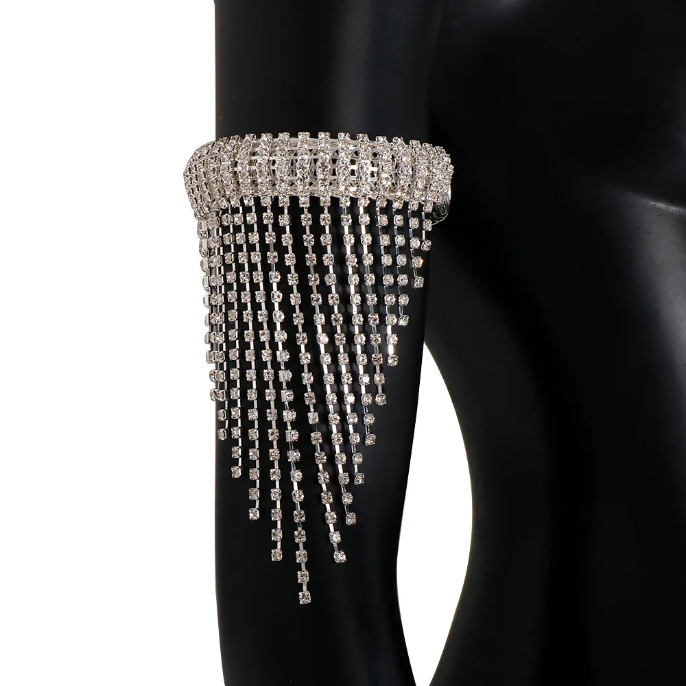 Long Tassel Rhinestone Arm Bracelet Hand Jewelry for Women Adjustable Crystal Stretch Bracelet Party Wristband Bangle