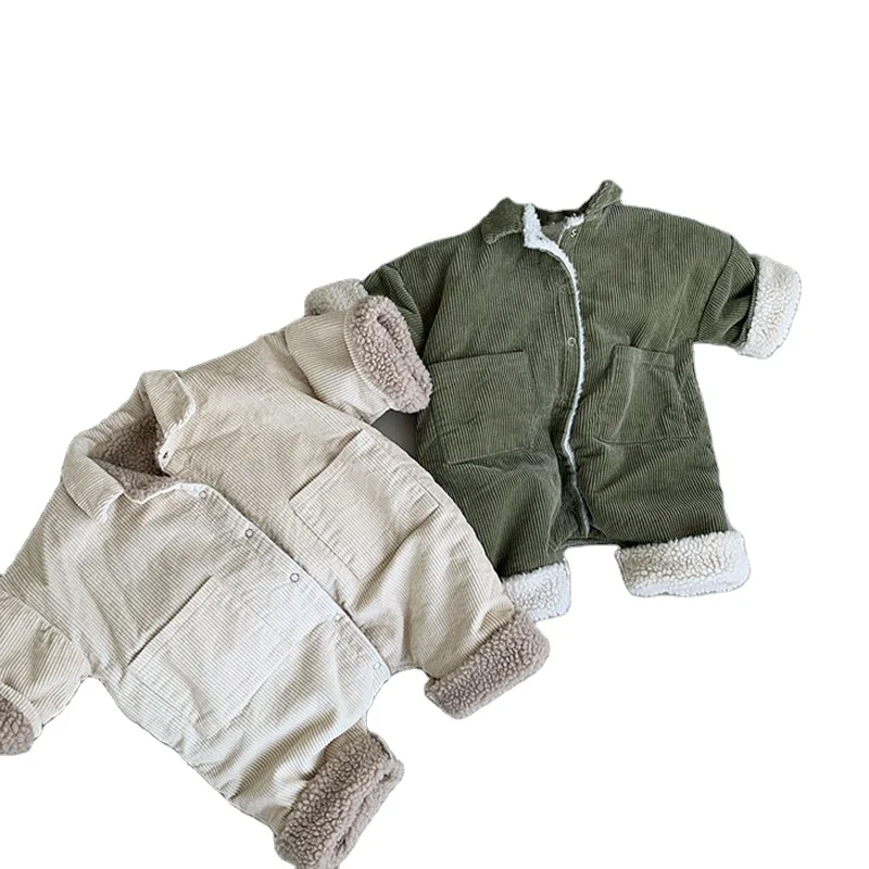 High quality small kids baby winter clothes corduroy plain newborn one piece thicken fleece infant toddler clothing
