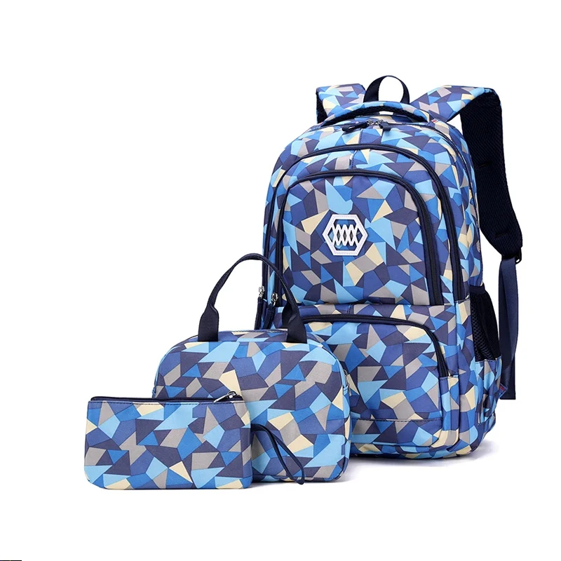 Large Capacity Three-Piece Set of Cartoon Geometric Pattern Schoolbag Junior High Backpack for Girls Primar