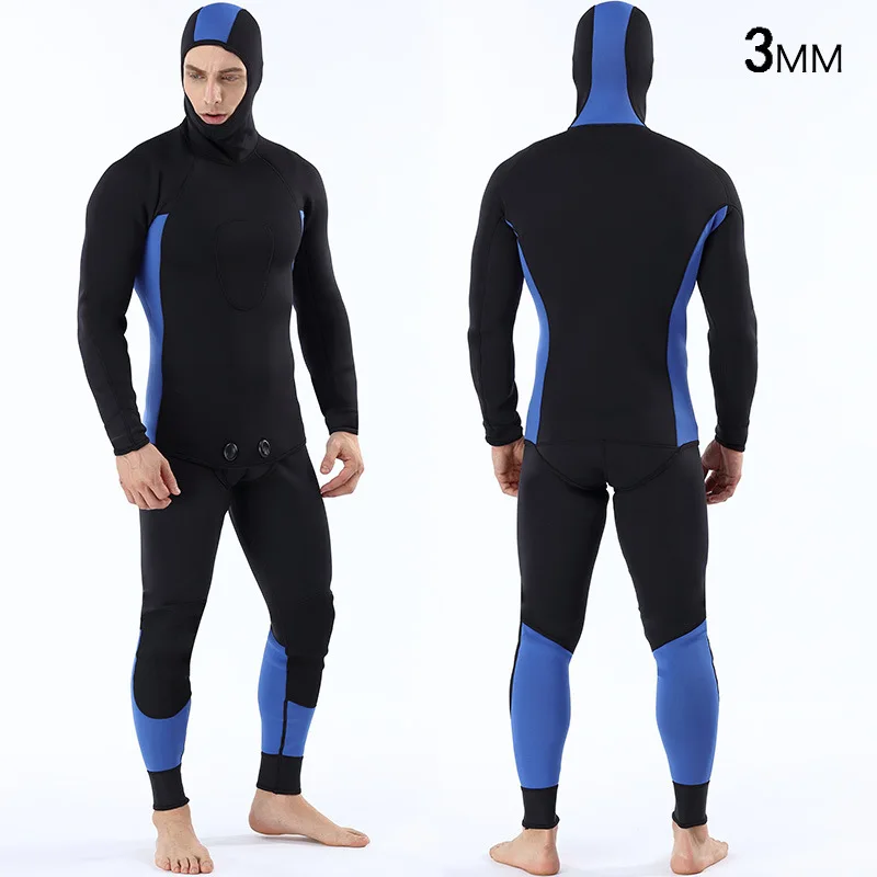 Mens 2-Pieces Hooded Super Stretch Free Diving Suit Neoprene 3mm Wetsuit Full Body Keep Warm